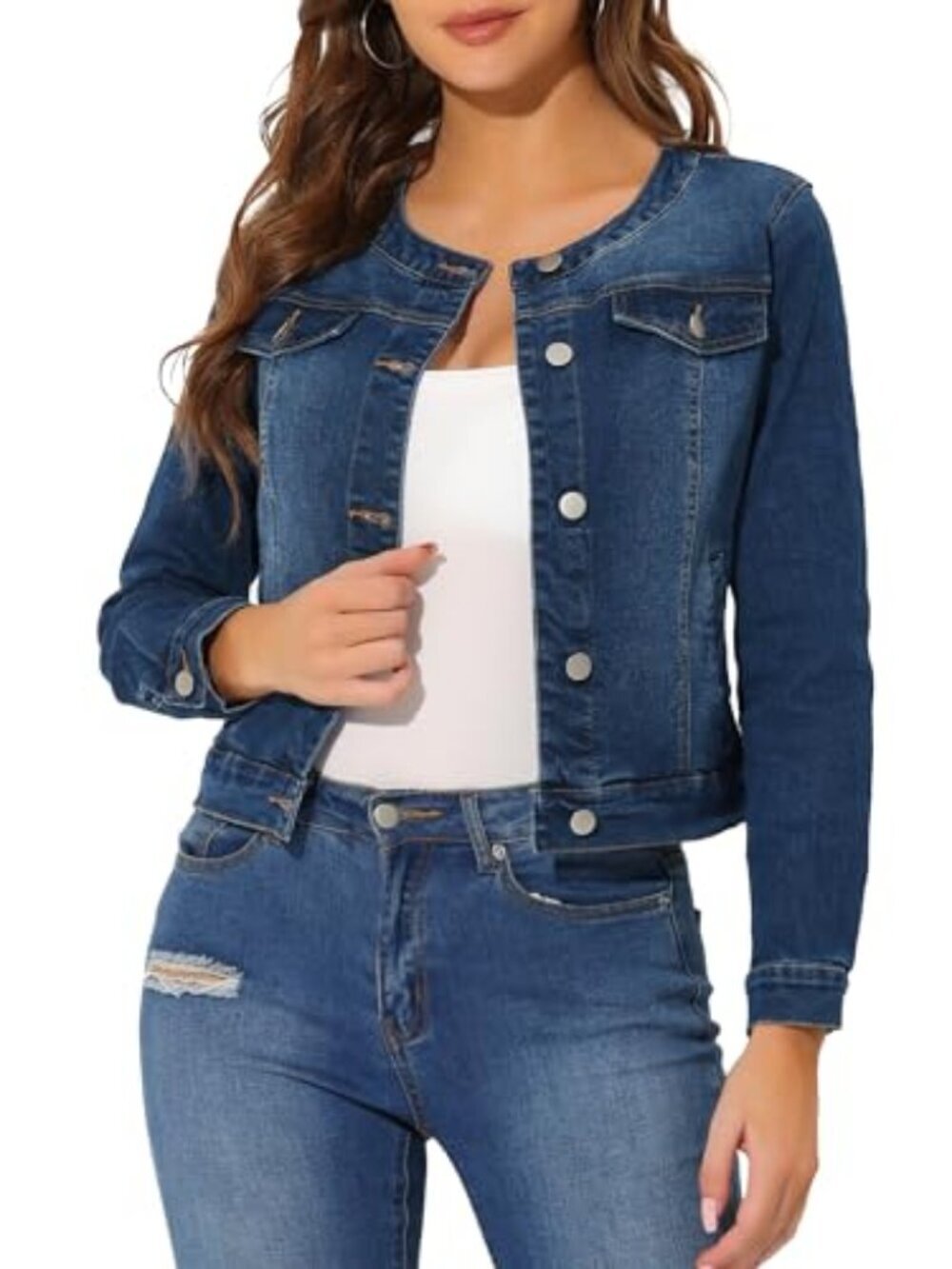 🆕 Women's Denim Jacket Collarless Round Neck Button Down Long Sleeve Jean